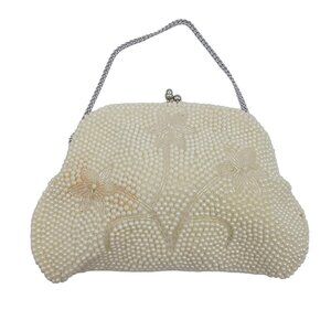 VINTAGE ANTIQUE BON SOIR WHITE PEARL BEAD‎ & SEQUIN PURSE EVENING HANDBAG CLUTCH